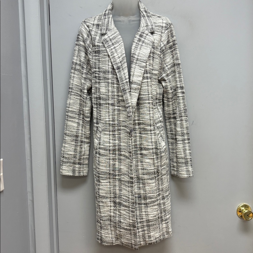Melloday Black & White Tweed Open Front Coatigan | Modern Plaid Layer